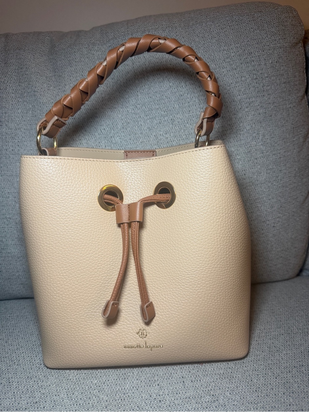 Nanette Lepore Beige Bucket Shoulder Bag with Tan Braided Handle